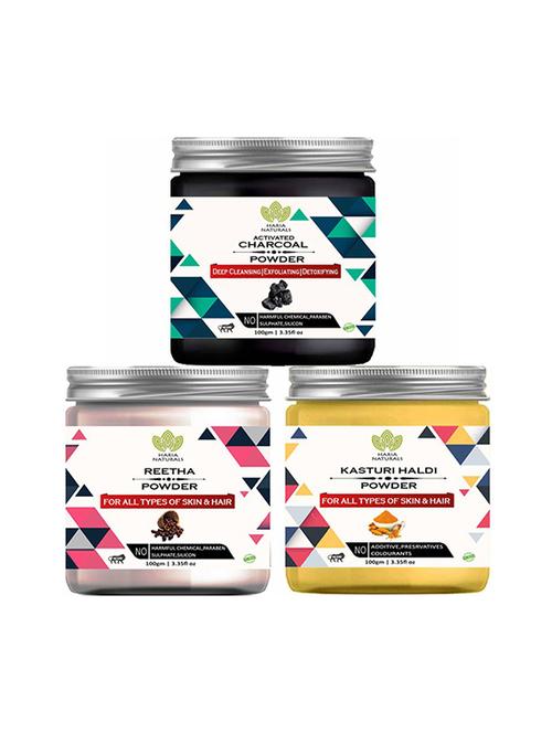100% pure & naturals charcoal powder 100gm & reetha powder 100gm & kasturi haldi powder 100gm (pack of 3) 300gm - 18639697 - Very Small Image - 1