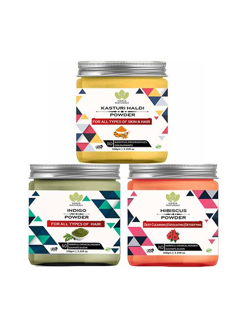 100% pure & naturals kasturi haldi powder 100gm & indigo powder 100gm & hibiscus powder 100gm (pack of 3) 300gm - 18639705 - Very Small Image - 1