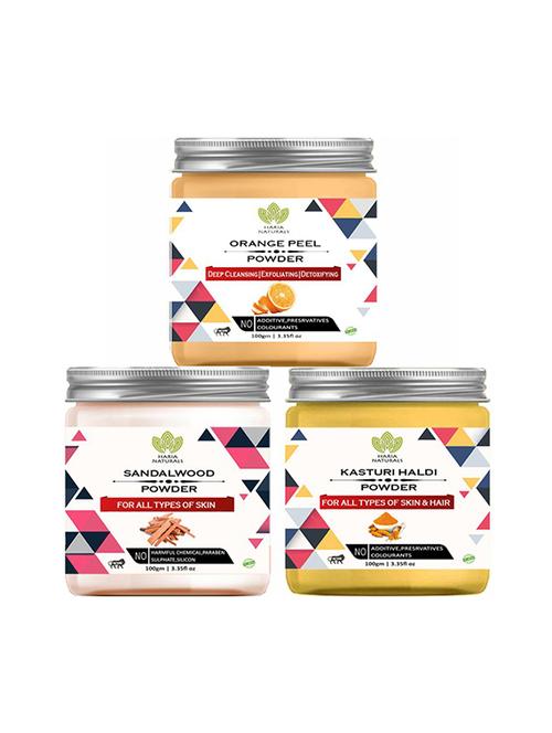 100% pure & naturals orange peel powder 100gm & sandalwood powder 100gm & kasturi haldi powder 100gm (pack of 3) 300gm - 18639717 - Very Small Image - 1