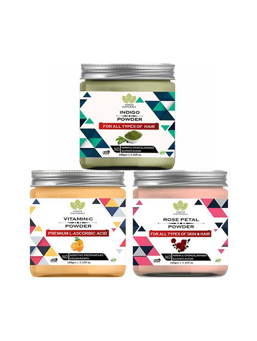 100% pure & naturals indigo powder 100gm & vitamin-c powder 100gm & rose petal powder 100gm (pack of 3) 300gm - 18639724 - Very Small Image - 1