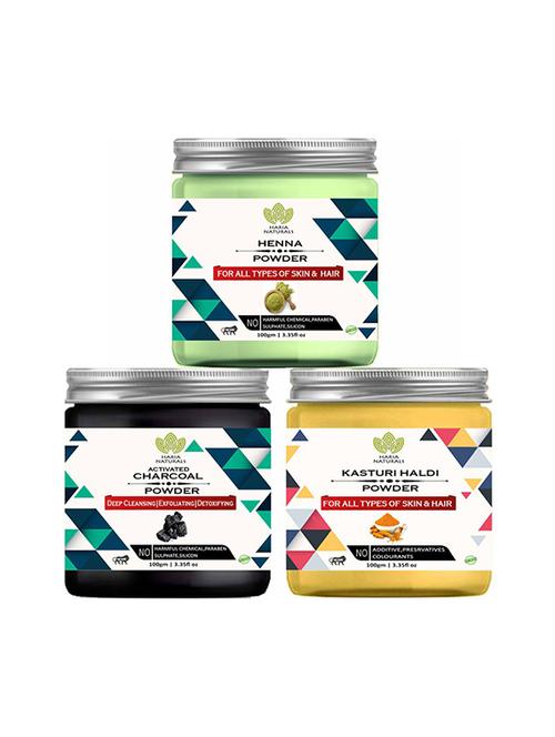 100% pure & naturals henna powder 100gm & charcoal powder 100gm & kasturi haldi powder 100gm (pack of 3) 300gm - 18639729 - Very Small Image - 1