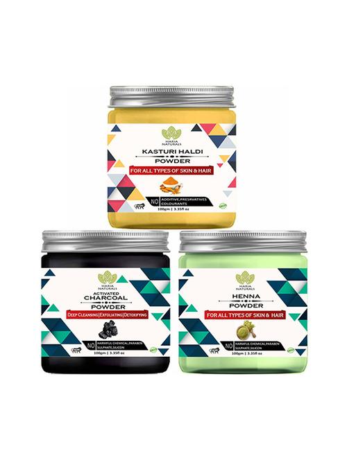 100% pure & naturals kasturi haldi powder 100gm & charcoal powder 100gm & henna powder 100gm (pack of 3) 300gm - 18639731 - Very Small Image - 1