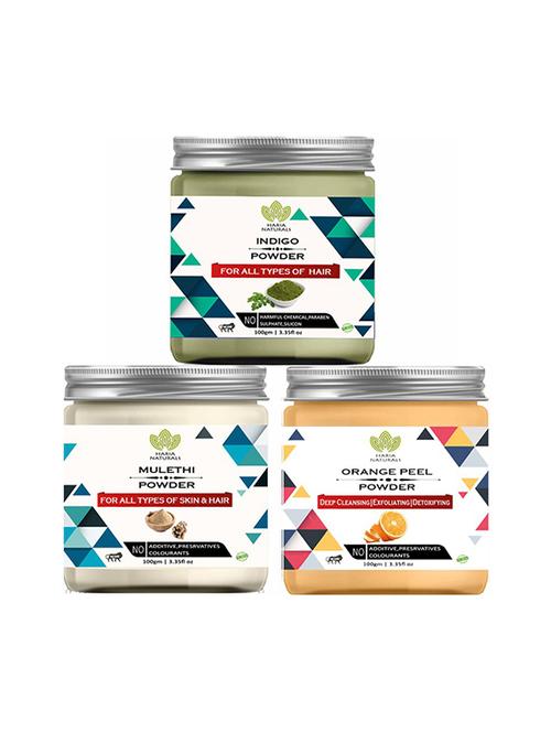100% pure & naturals indigo powder 100gm & mulethi powder 100gm & orange peel powder 100gm (pack of 3) 300gm - 18639751 - Very Small Image - 1