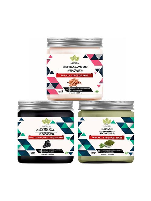 100% pure & naturals sandalwood powder 100gm & charcoal powder 100gm & indigo powder 100gm (pack of 3) 300gm - 18639760 - Very Small Image - 1