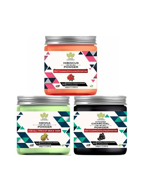 100% pure & naturals hibiscus powder 100gm & henna powder 100gm & charcoal powder 100gm (pack of 3) 300gm - 18639766 - Very Small Image - 1