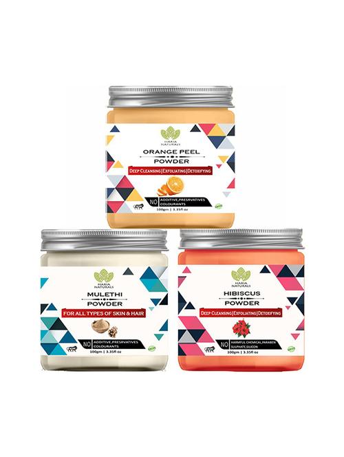 100% pure & naturals orange peel powder 100gm & mulethi powder 100gm & hibiscus powder 100gm (pack of 3) 300gm - 18639767 - Very Small Image - 1