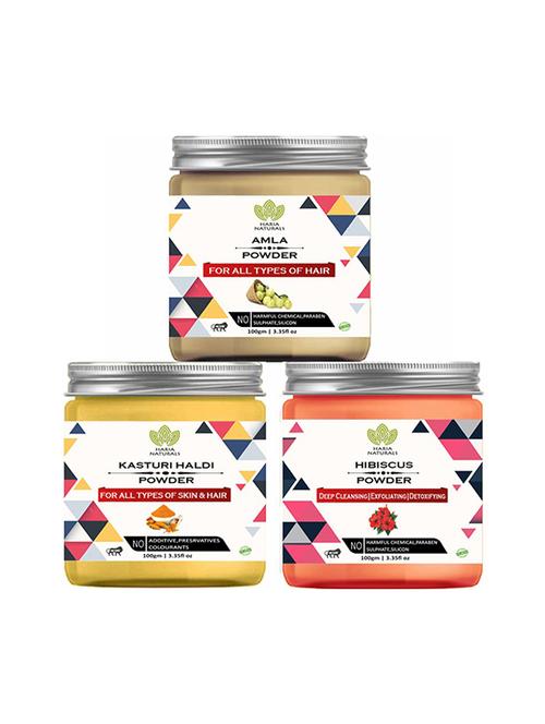 100% pure & naturals amla powder 100gm & kasturi haldi powder 100gm & hibiscus powder 100gm (pack of 3) 300gm - 18639770 - Very Small Image - 1