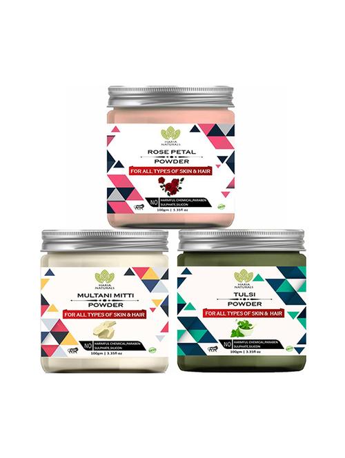 100% pure & naturals rose petal powder 100gm & multani mitti powder 100gm & tulsi powder 100gm (pack of 3) 300gm - 18639771 - Very Small Image - 1