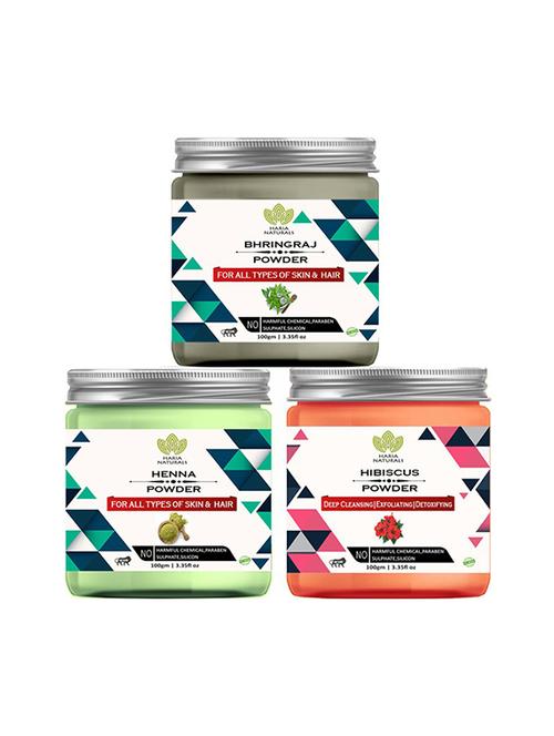 100% pure & naturals bhringraj powder 100gm & henna powder 100gm & hibiscus powder 100gm (pack of 3) 300gm - 18639777 - Very Small Image - 1