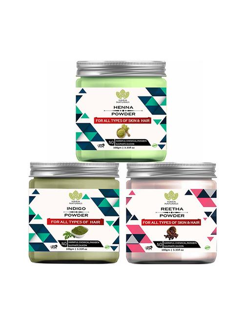 100% pure & naturals henna powder 100gm & indigo powder 100gm & reetha powder 100gm (pack of 3) 300gm - 18639780 - Very Small Image - 1