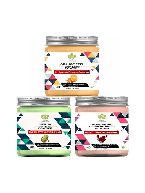 100% pure & naturals orange peel powder 100gm & henna powder 100gm & rose petal powder 100gm (pack of 3) 300gm - 18639791 - Very Small Image - 1