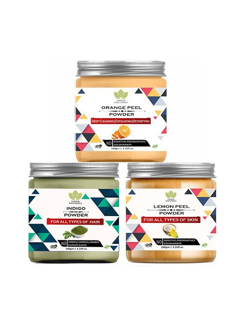 100% pure & naturals orange peel powder 100gm & indigo powder 100gm & lemon peel powder 100gm (pack of 3) 300gm - 18639796 - Very Small Image - 1