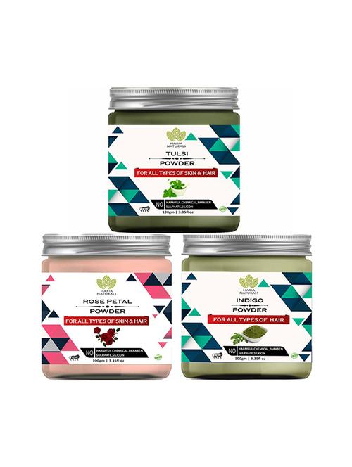 100% pure & naturals tulsi powder 100gm & rose petal powder 100gm & indigo powder 100gm (pack of 3) 300gm - 18639813 - Very Small Image - 1