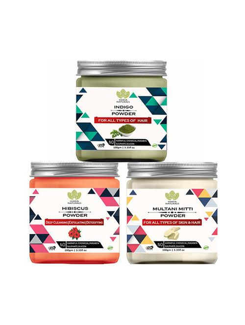 100% pure & naturals indigo powder 100gm & hibiscus powder 100gm & multani mitti powder 100gm (pack of 3) 300gm - 18639820 - Very Small Image - 1