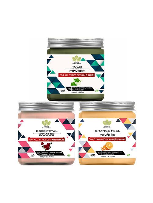 100% pure & naturals tulsi powder 100gm & rose petal powder 100gm & orange peel powder 100gm (pack of 3) 300gm - 18639823 - Very Small Image - 1