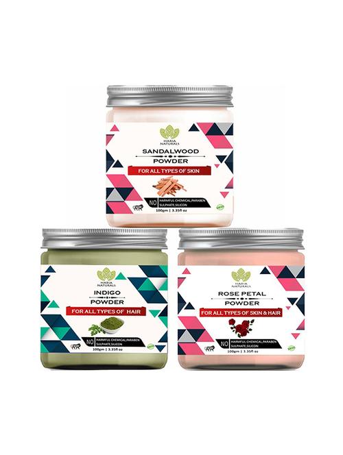 100% pure & naturals sandalwood powder 100gm & indigo powder 100gm & rose petal powder 100gm (pack of 3) 300gm - 18639835 - Very Small Image - 1