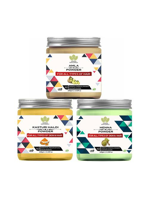 100% pure & naturals amla powder 100gm & kasturi haldi powder 100gm & henna powder 100gm (pack of 3) 300gm - 18639838 - Very Small Image - 1
