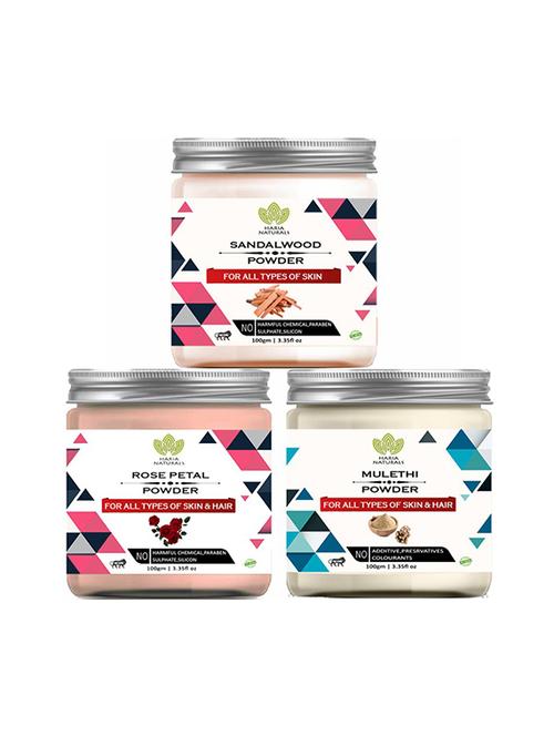 100% pure & naturals sandalwood powder 100gm & rose petal powder 100gm & mulethi powder 100gm (pack of 3) 300gm - 18639846 - Very Small Image - 1