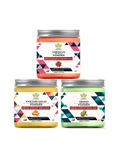 100% pure & naturals hibiscus powder 100gm & kasturi haldi powder 100gm & henna powder 100gm (pack of 3) 300gm - 18639856 - Very Small Image - 1