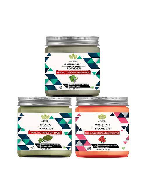100% pure & naturals bhringraj powder 100gm & indigo powder 100gm & hibiscus powder 100gm (pack of 3) 300gm - 18639881 - Very Small Image - 1