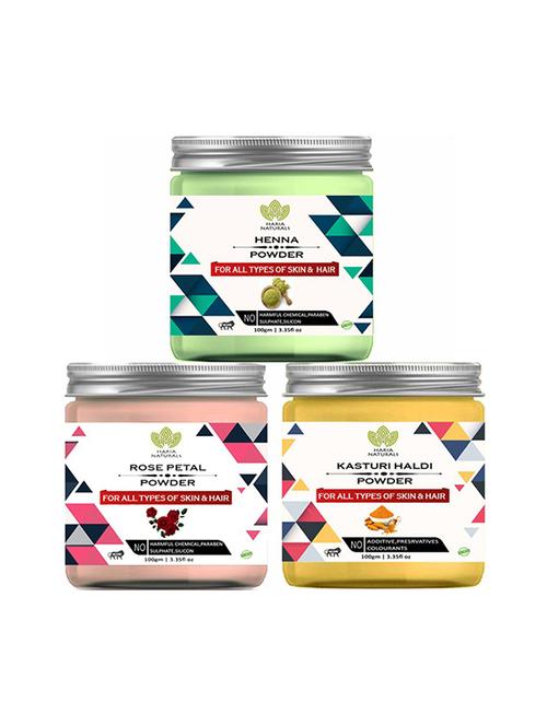 100% pure & naturals henna powder 100gm & rose petal powder 100gm & kasturi haldi powder 100gm (pack of 3) 300gm - 18639883 - Very Small Image - 1