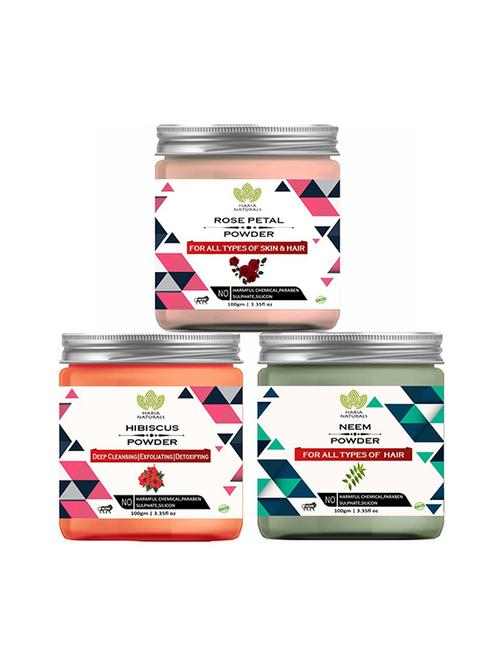 100% pure & naturals rose petal powder 100gm & hibiscus powder 100gm & neem powder 100gm (pack of 3) 300gm - 18639893 - Very Small Image - 1