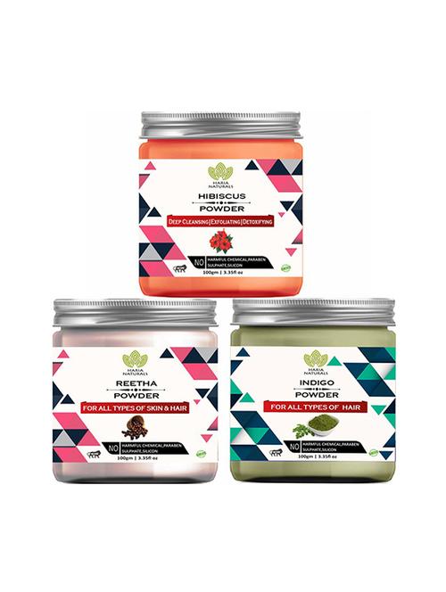 100% pure & naturals hibiscus powder 100gm & reetha powder 100gm & indigo powder 100gm (pack of 3) 300gm - 18639894 - Very Small Image - 1