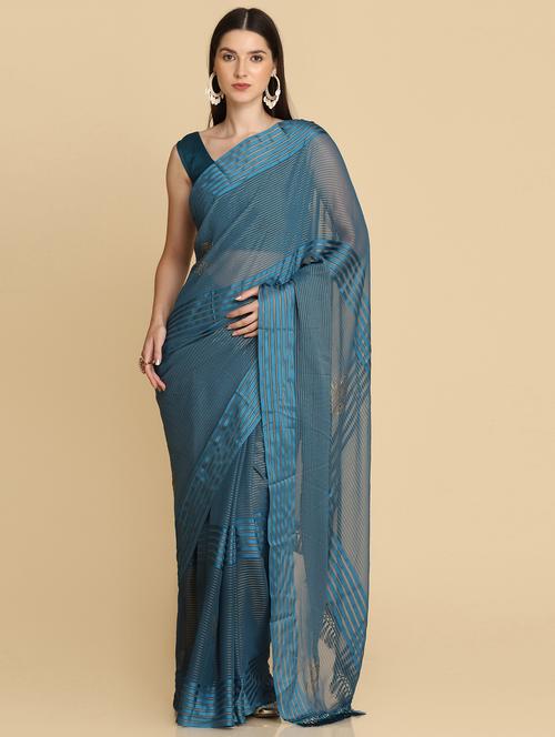 women's stripes teal colored saree with blouse - 18640512 - Very Small Image - 1