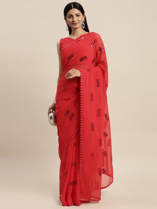 red sequence work saree with blouse piece - 18642608 - Very Small Image - 1