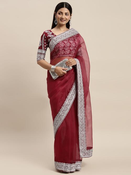 women's bordered red colored saree with blouse - 18642647 - Very Small Image - 1