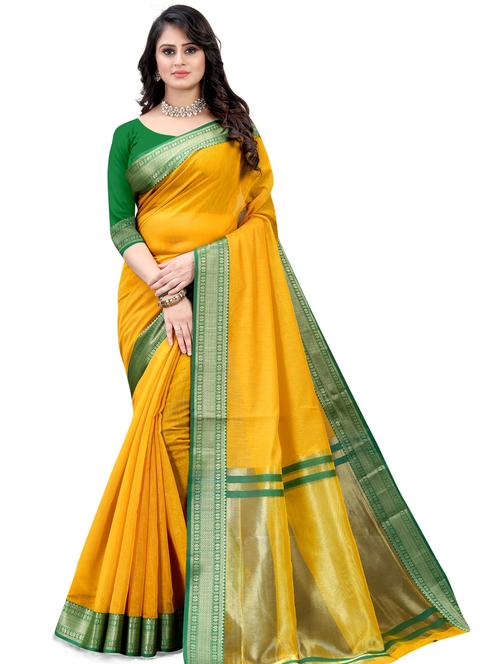yellow self design woven saree with blouse - 18642776 - Very Small Image - 1