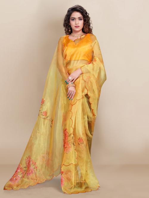 women's floral mustard colored saree with blouse - 18642787 - Very Small Image - 1