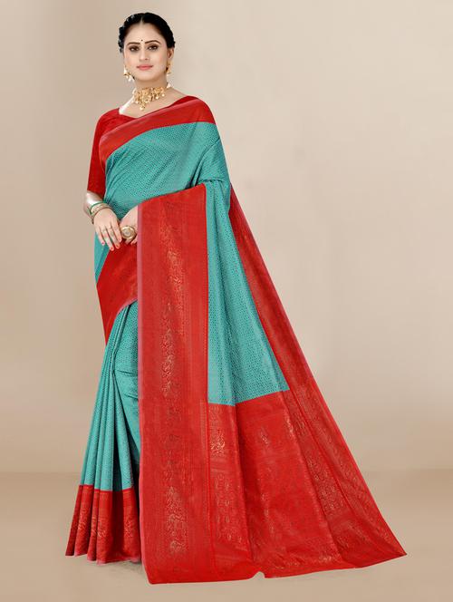 green  self design woven saree with blouse - 18642908 - Very Small Image - 1