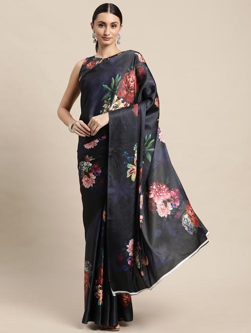 navy blue floral print saree with blouse - 18642922 - Very Small Image - 1