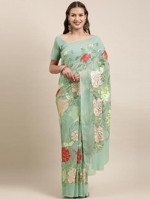 embroidered sea green fancy saree with blouse - 18643040 - Very Small Image - 1