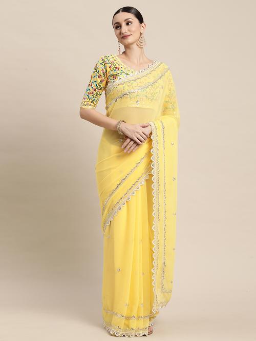 solid with contrast bordered saree with blouse - 18643089 - Very Small Image - 1