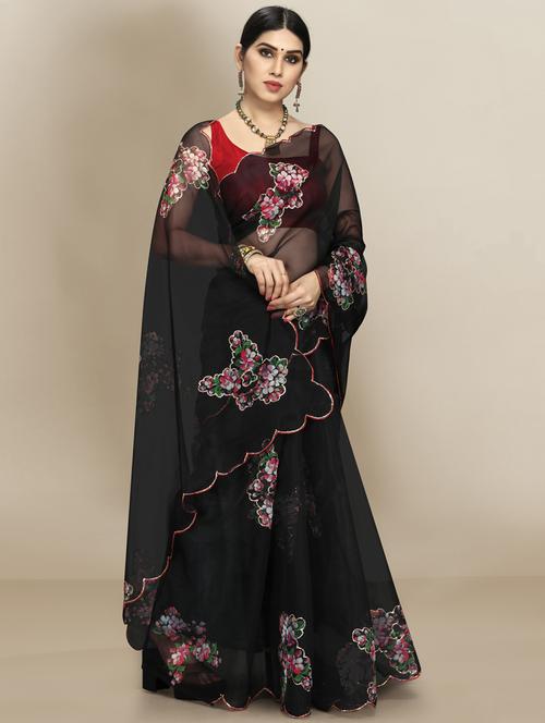 women's floral black colored saree with blouse - 18643146 - Very Small Image - 1