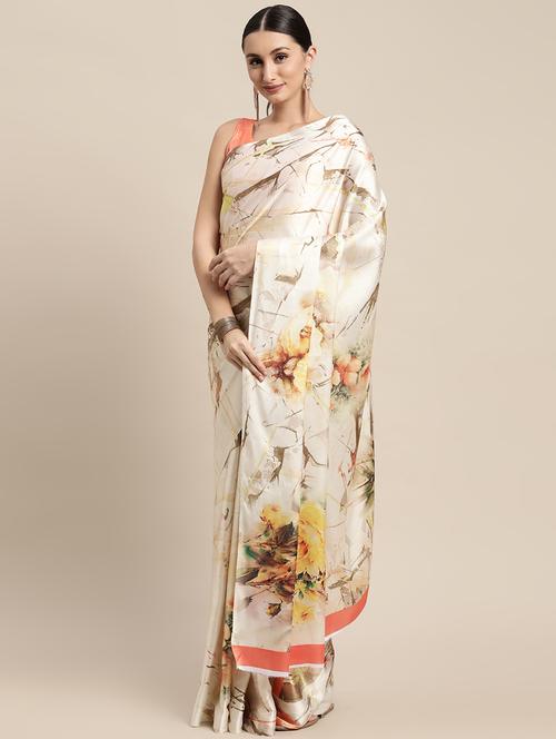 women's floral cream colored saree with blouse - 18643199 - Very Small Image - 1