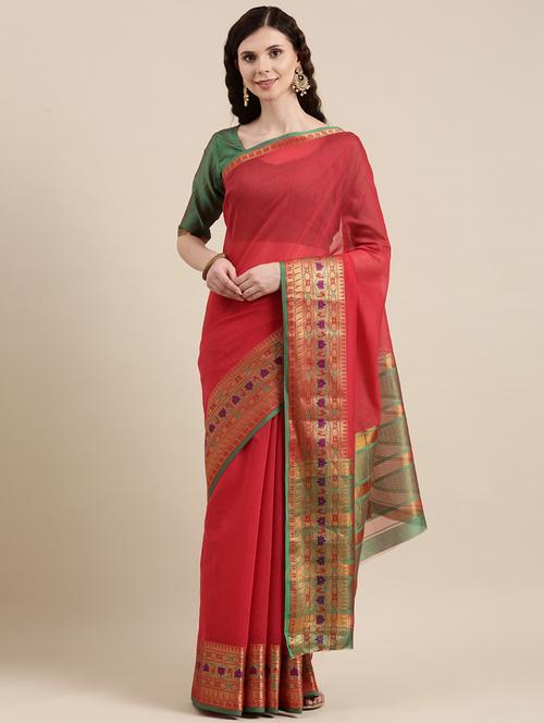 women's self design red colored saree with blouse - 18643210 - Very Small Image - 1