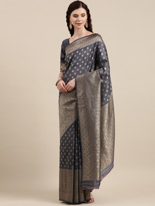 women's self design grey colored saree with blouse - 18643336 - Very Small Image - 1