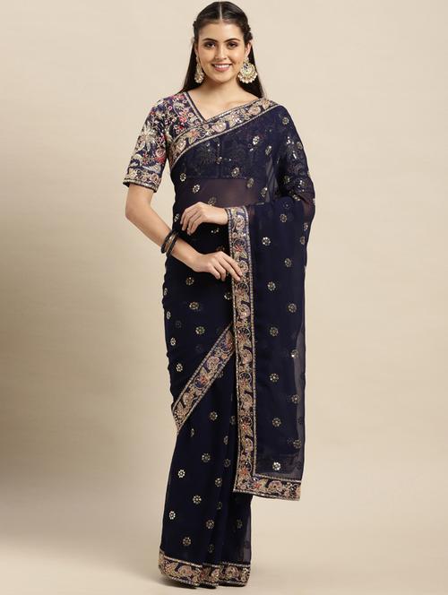navy blue embroidered saree  with blouse - 18643345 - Very Small Image - 1