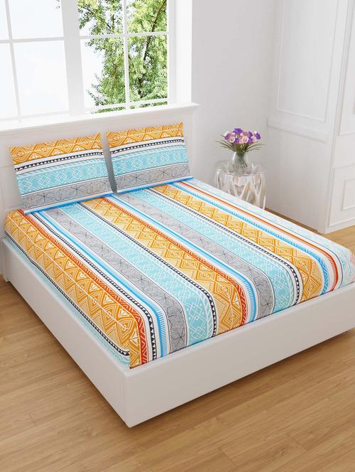 jaipur fabric isle pattern yellow multicolored king size bedsheet with 2 pillow covers - 18645521 - Very Small Image - 1