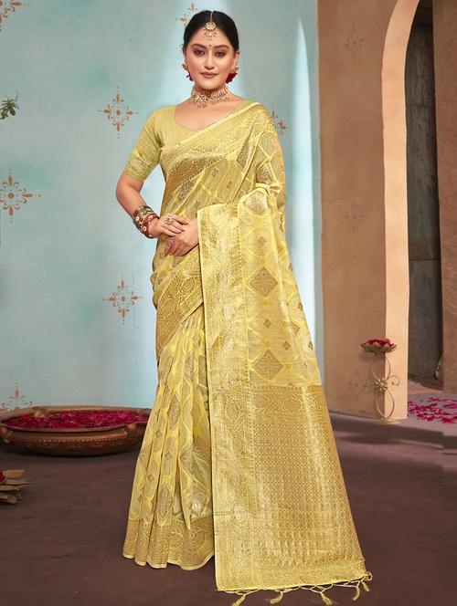 yellow organza saree - 18651352 - Very Small Image - 1