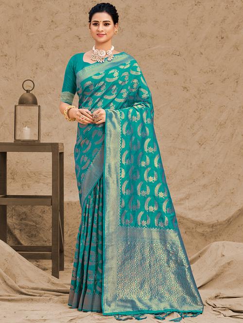 women's self design aqua blue colored saree - 18651410 - Very Small Image - 1