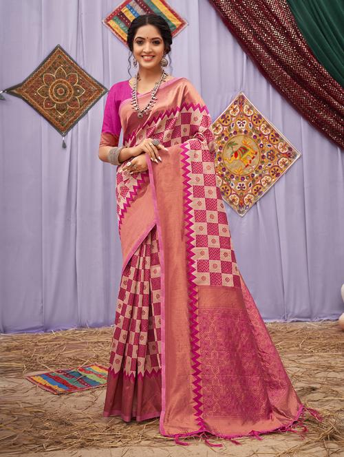 pink cotton woven saree with blouse - 18659841 - Very Small Image - 1