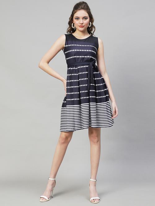 blue printed crepe fit & flare dress - 18682288 - Very Small Image - 1