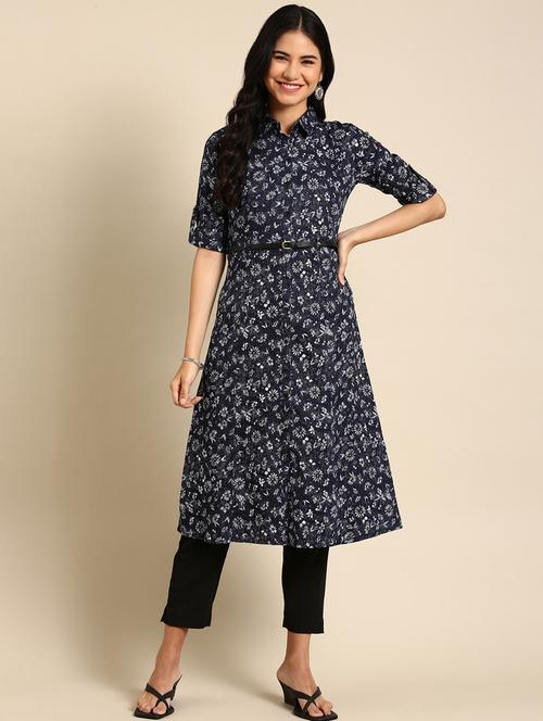 navy cotton aline kurta - 18682937 - Very Small Image - 1