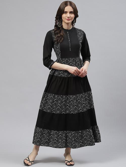 black cotton fit & flare ethnic dress - 18686928 - Very Small Image - 1