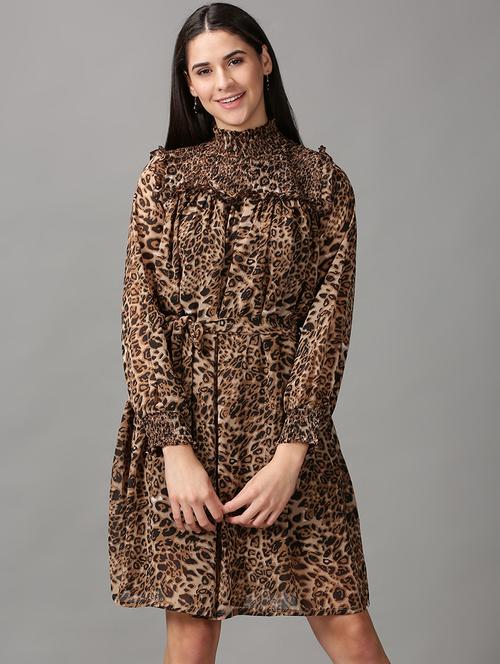 brown printed fit & flare dress - 18688426 - Very Small Image - 1