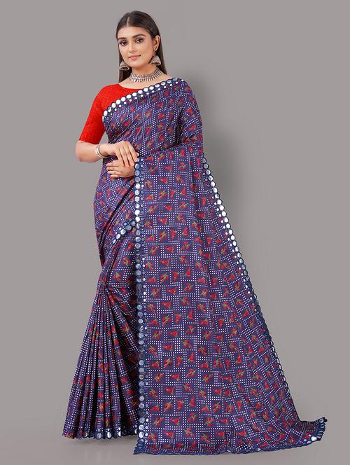 women's floral navy blue colored saree with blouse - 18688657 - Very Small Image - 1